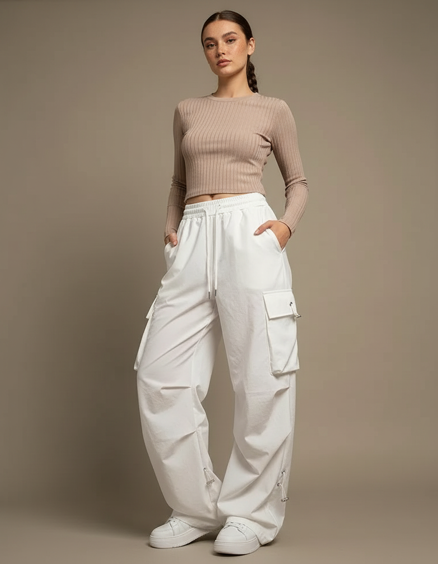 Pantalon Blanc Cargo Ample Décontracté Femmes - Toile
