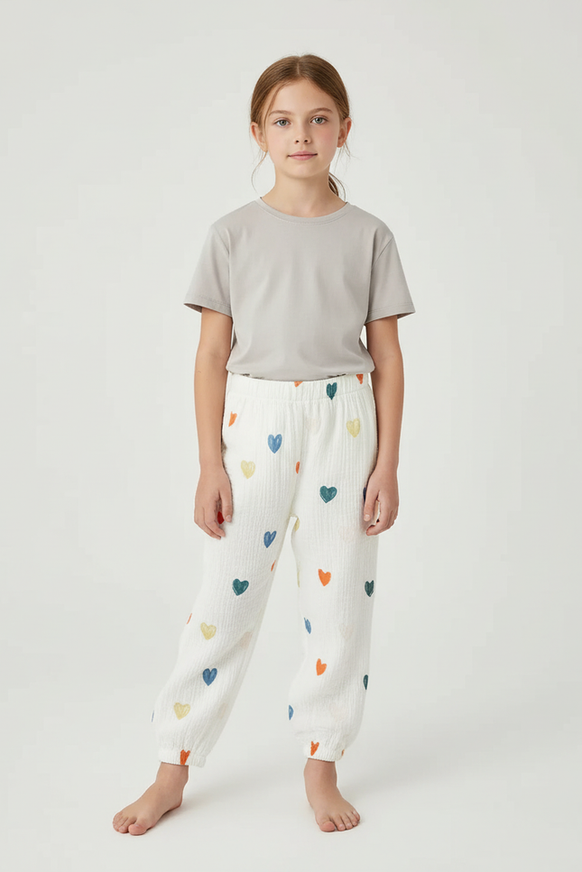 Pantalon Blanc Coeurs Colorés Mousseline Ample Enfant - Coton