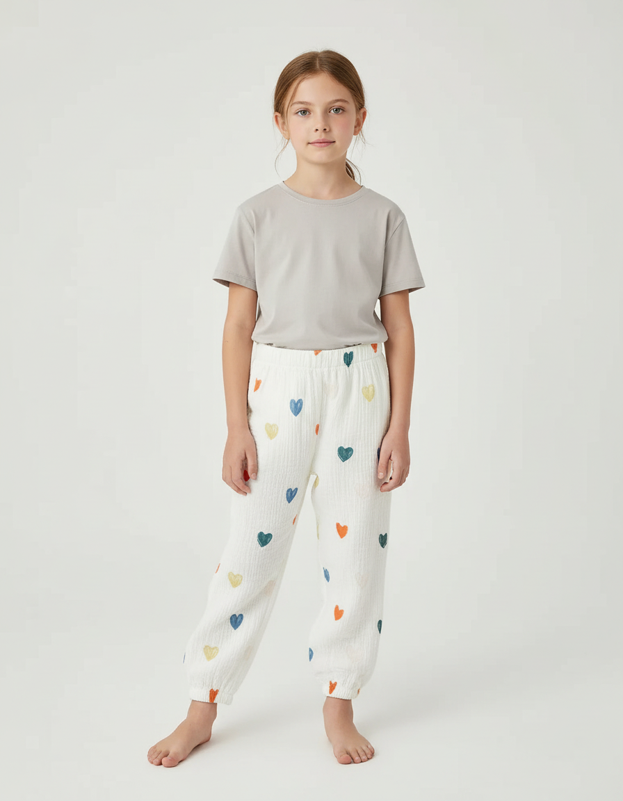 Pantalon Blanc Coeurs Colorés Mousseline Ample Enfant - Coton