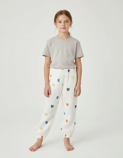 Pantalon Blanc Coeurs Colorés Mousseline Ample Enfant - Coton