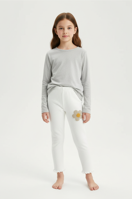 Pantalon Blanc Legging Fille Fleur Scallopé Mignon - Molleton