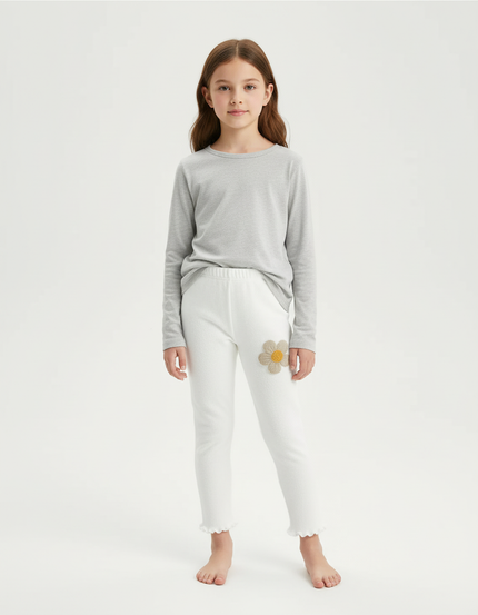Pantalon Blanc Legging Fille Fleur Scallopé Mignon - Molleton
