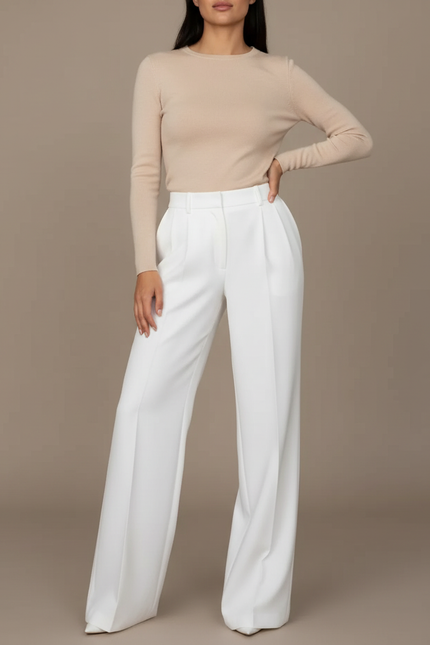 Pantalon Blanc Ample Plissé Fluide Élégant Femme - Polyester