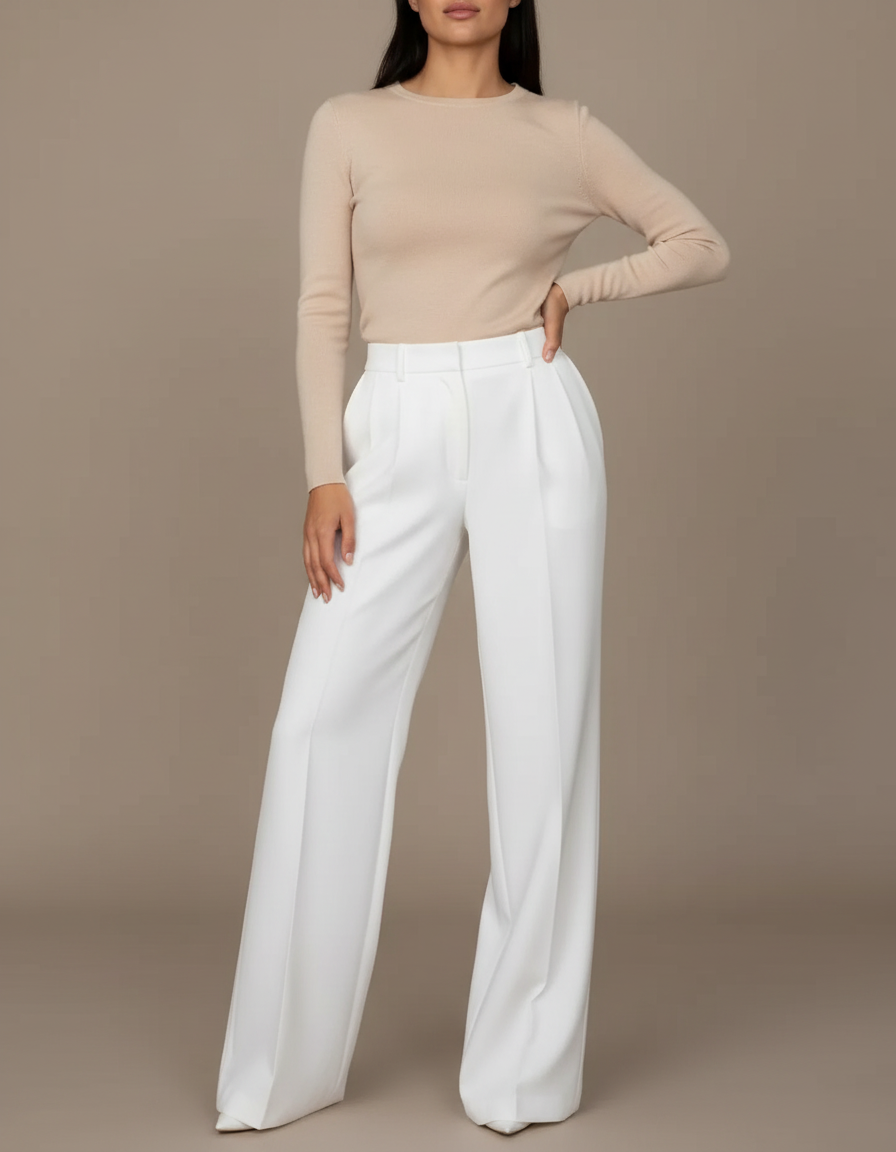 Pantalon Blanc Ample Plissé Fluide Élégant Femme - Polyester