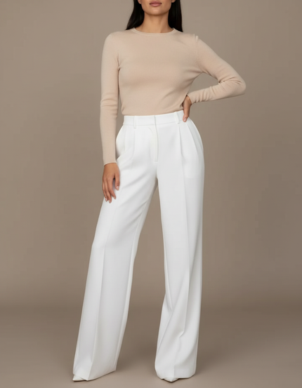 Pantalon Blanc Ample Plissé Fluide Élégant Femme - Polyester
