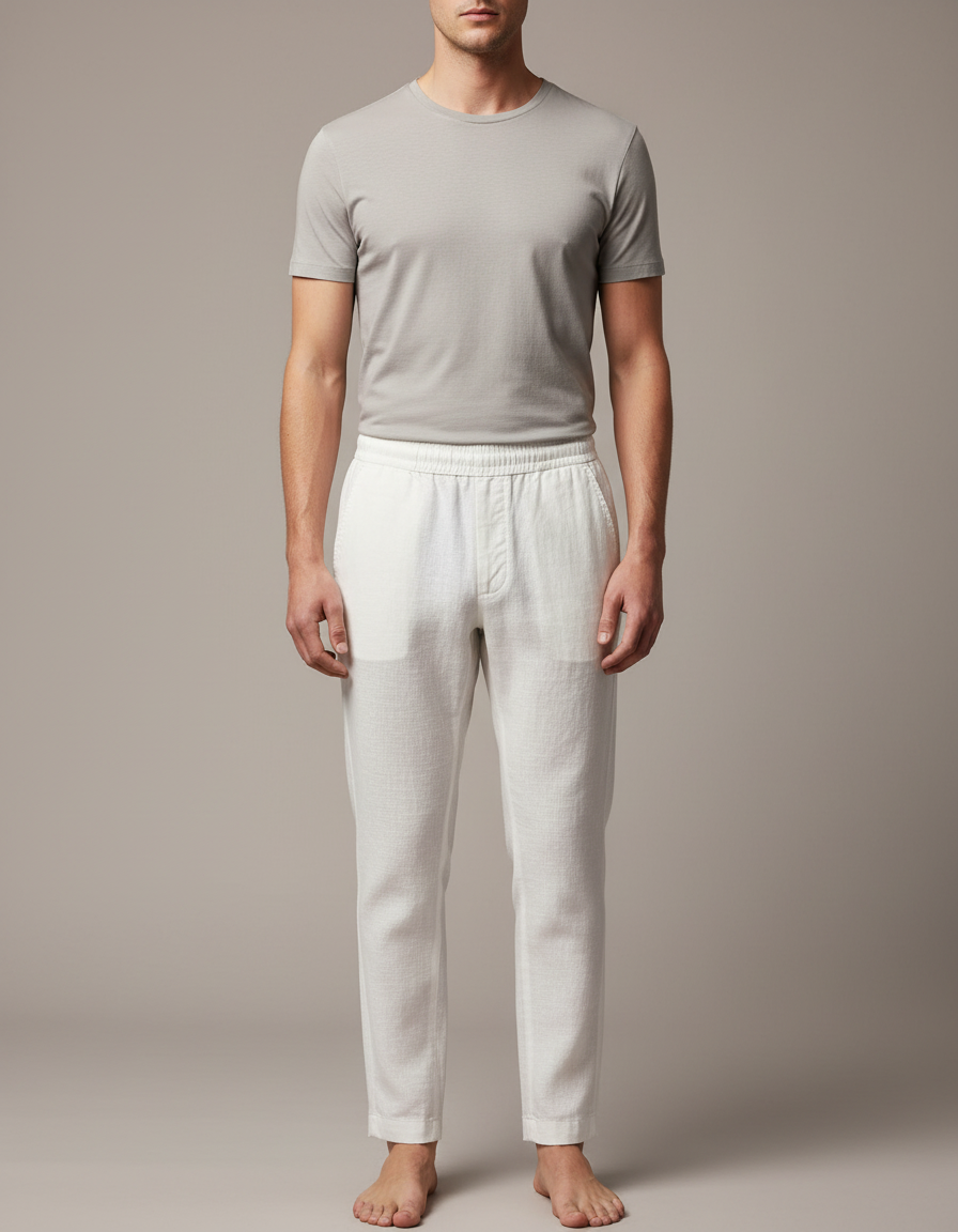 Pantalon Blanc Lin Décontracté Léger Droit Homme