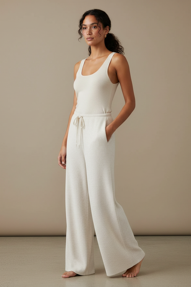 Pantalon Blanc Ample Tricoté Côtelé Décontracté Femme - Maille