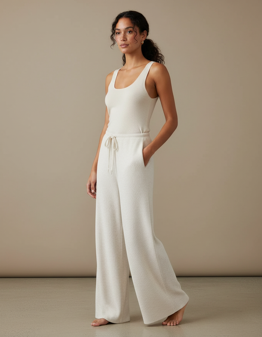 Pantalon Blanc Ample Tricoté Côtelé Décontracté Femme - Maille