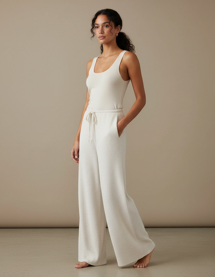 Pantalon Blanc Ample Tricoté Côtelé Décontracté Femme - Maille