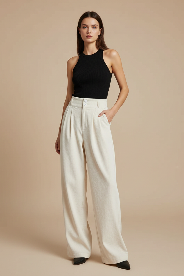 Pantalon Blanc Plissé Large Décontracté Femme Élégant - Cordé