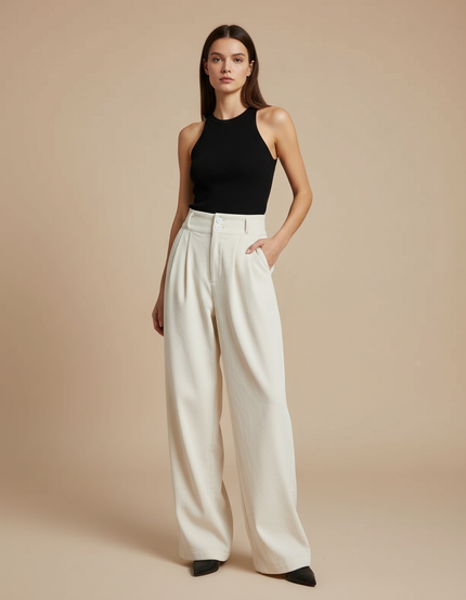 Pantalon Blanc Plissé Large Décontracté Femme Élégant - Cordé