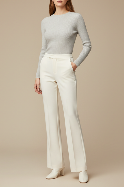Pantalon Blanc Droit Habillé Évasé Taille Haute - Polyester