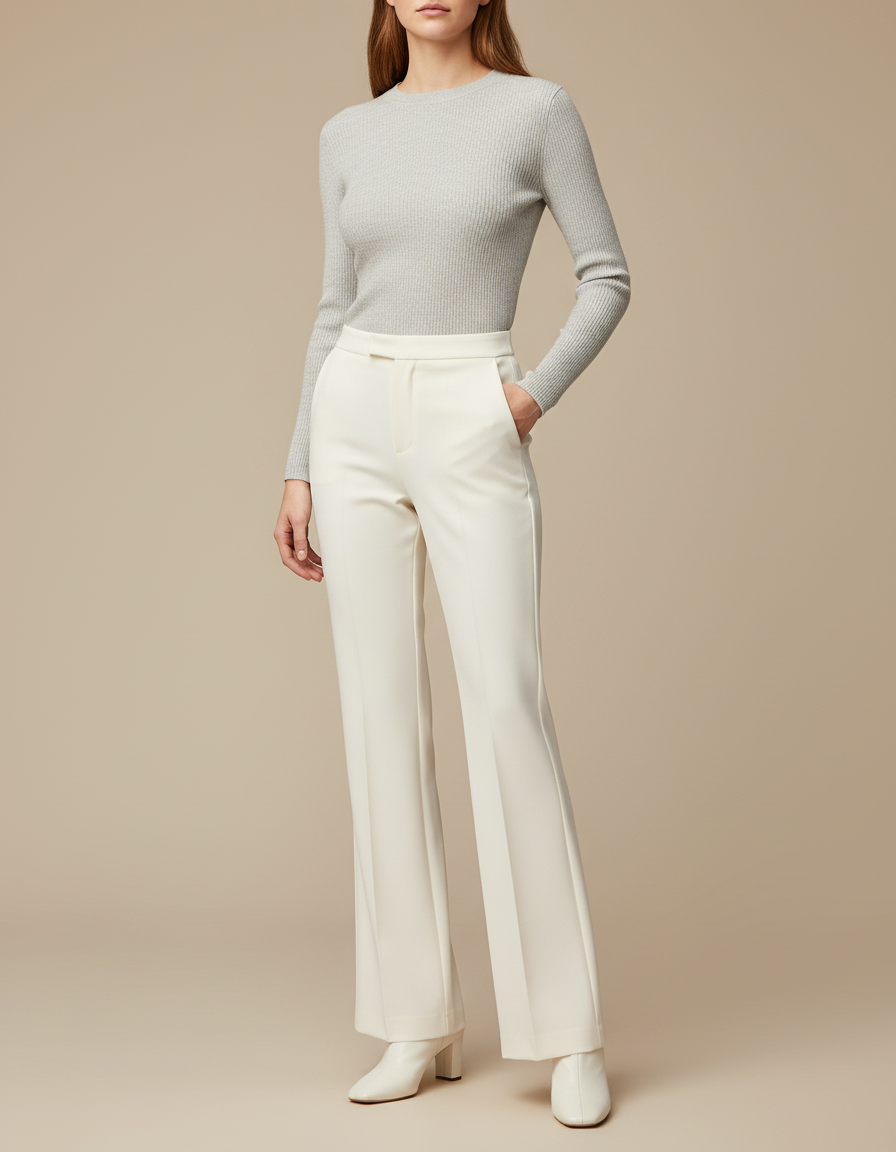 Pantalon Blanc Droit Habillé Évasé Taille Haute - Polyester