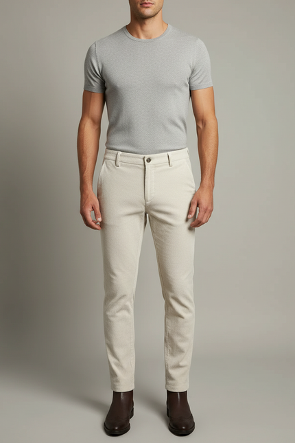 Pantalon Blanc Côtelé Slim Homme Élégant Casual - Beige Cordé