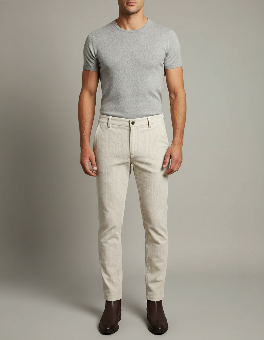 Pantalon Blanc Côtelé Slim Homme Élégant Casual - Beige Cordé
