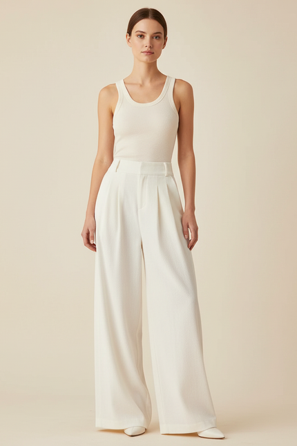 Pantalon Blanc Ample Plissé Élégant Fluide - Viscose