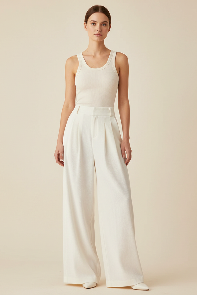 Pantalon Blanc Ample Plissé Élégant Fluide - Viscose