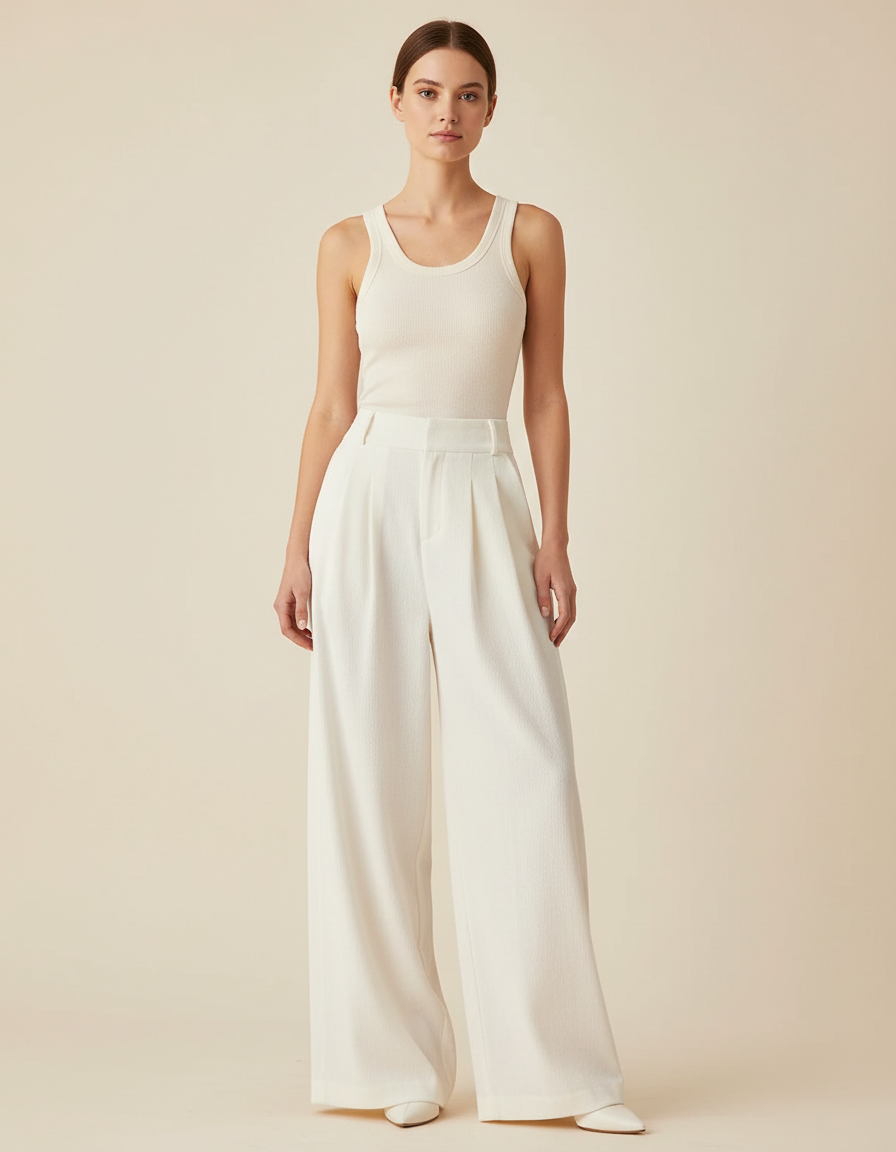 Pantalon Blanc Ample Plissé Élégant Fluide - Viscose
