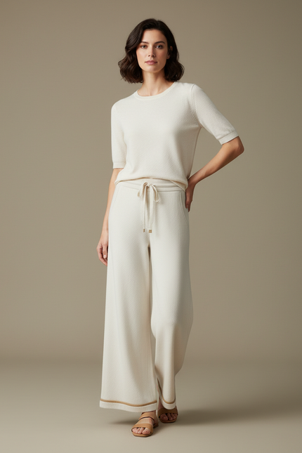 Pantalon Blanc Tricoté Ample Casual Élégant - Maille