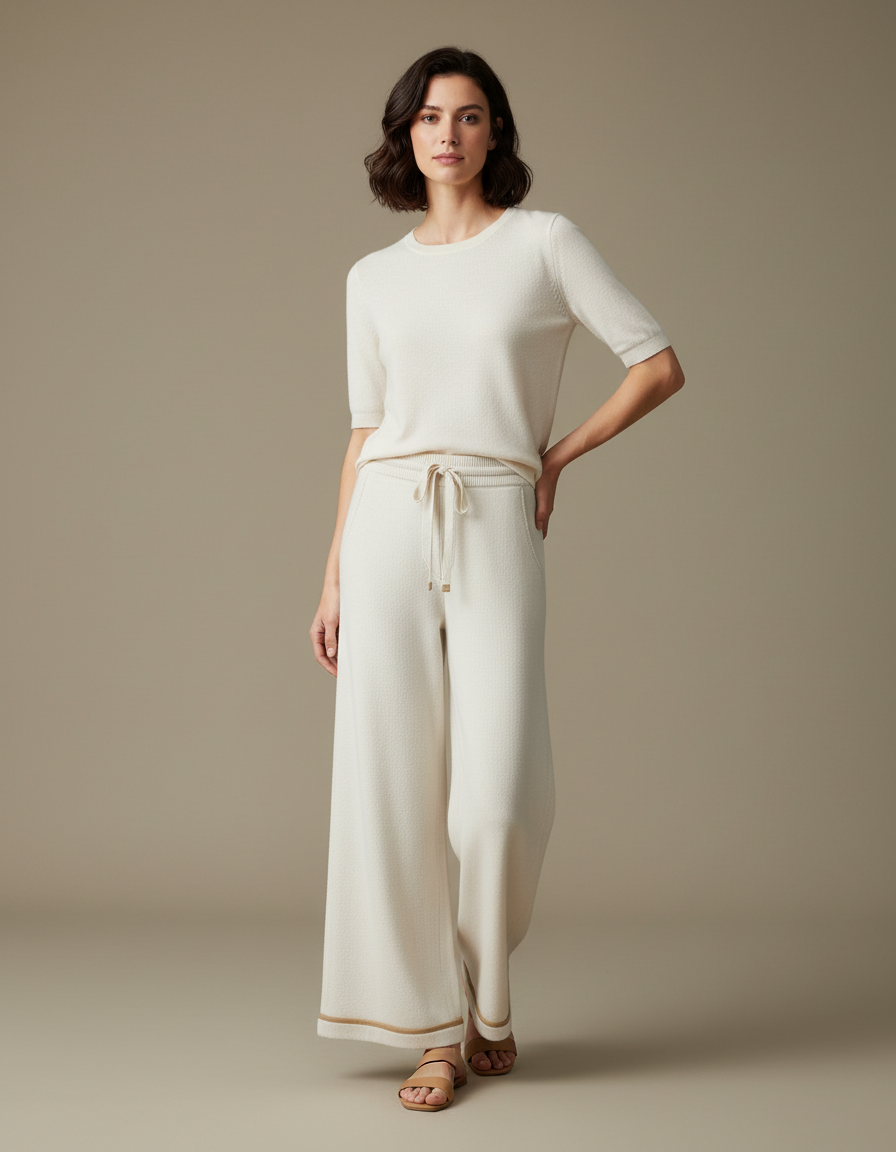 Pantalon Blanc Tricoté Ample Casual Élégant - Maille