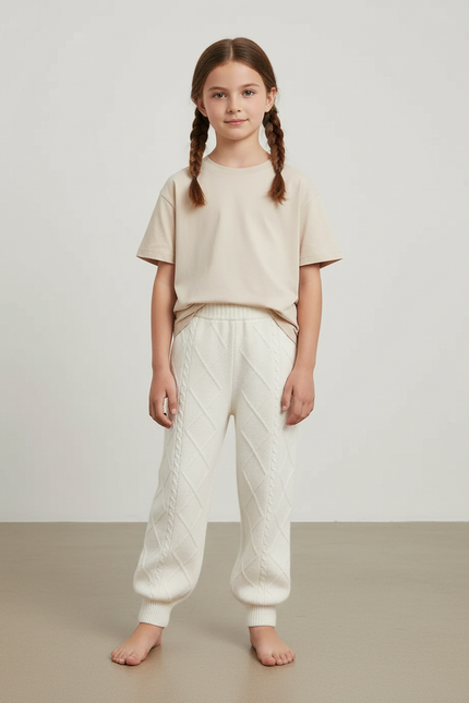 Pantalon Blanc Tricoté Câblé Motif Losanges Enfant - Maille