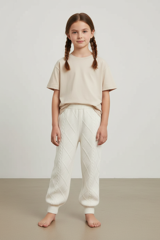Pantalon Blanc Tricoté Câblé Motif Losanges Enfant - Maille