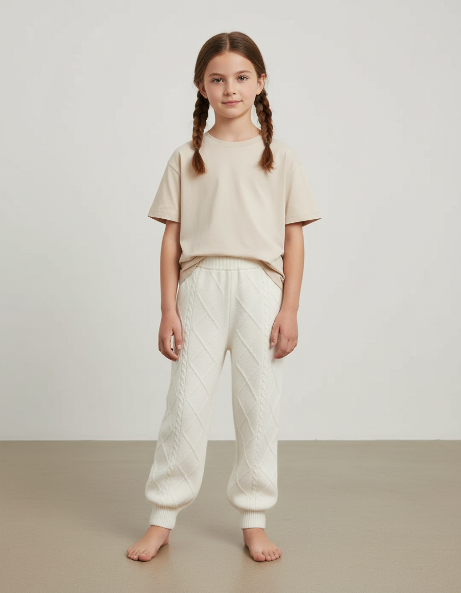 Pantalon Blanc Tricoté Câblé Motif Losanges Enfant - Maille
