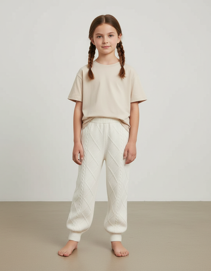Pantalon Blanc Tricoté Câblé Motif Losanges Enfant - Maille
