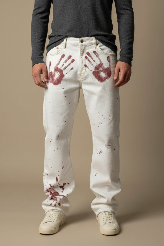 Pantalon Blanc Baggy Imprimé Sang Horreur Hip Hop - Jean