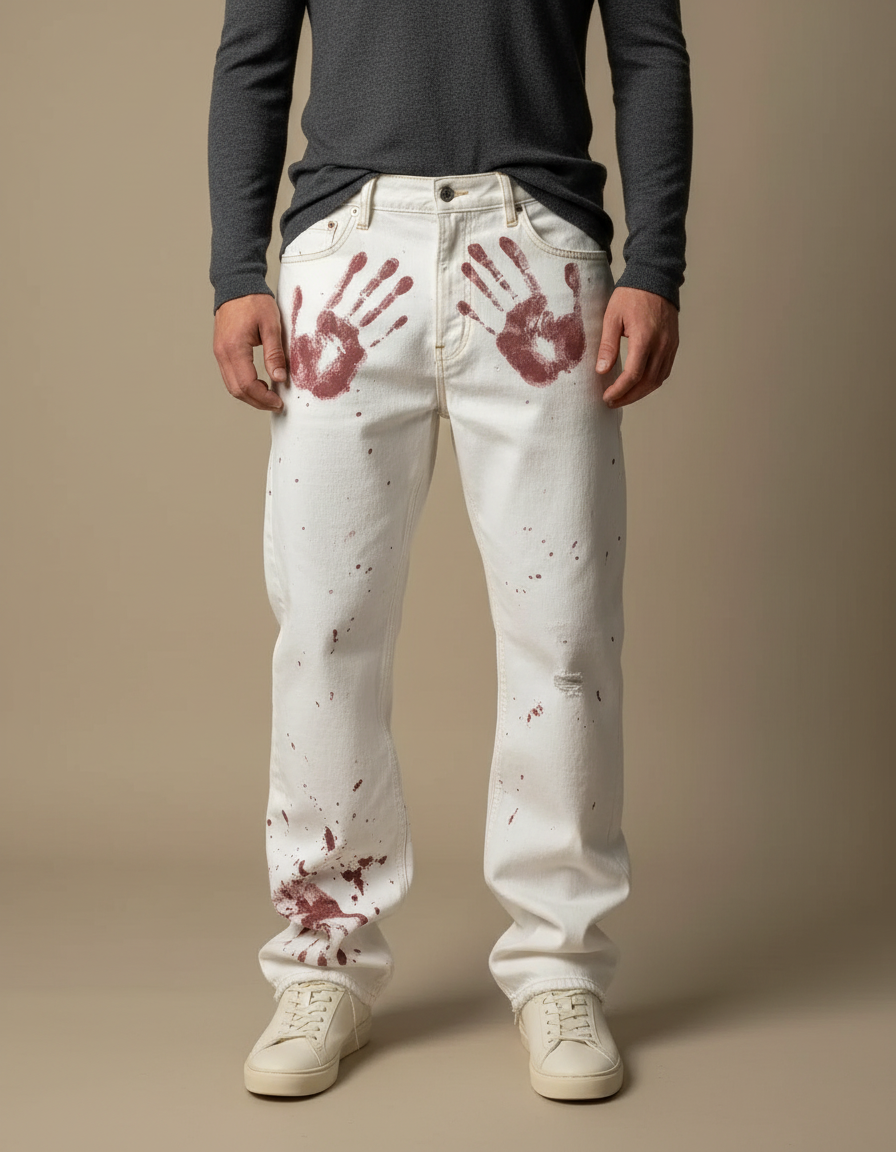 Pantalon Blanc Baggy Imprimé Sang Horreur Hip Hop - Jean