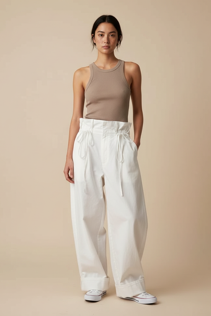 Pantalon Blanc Ample Taille Haute Décontracté Femme - Toile