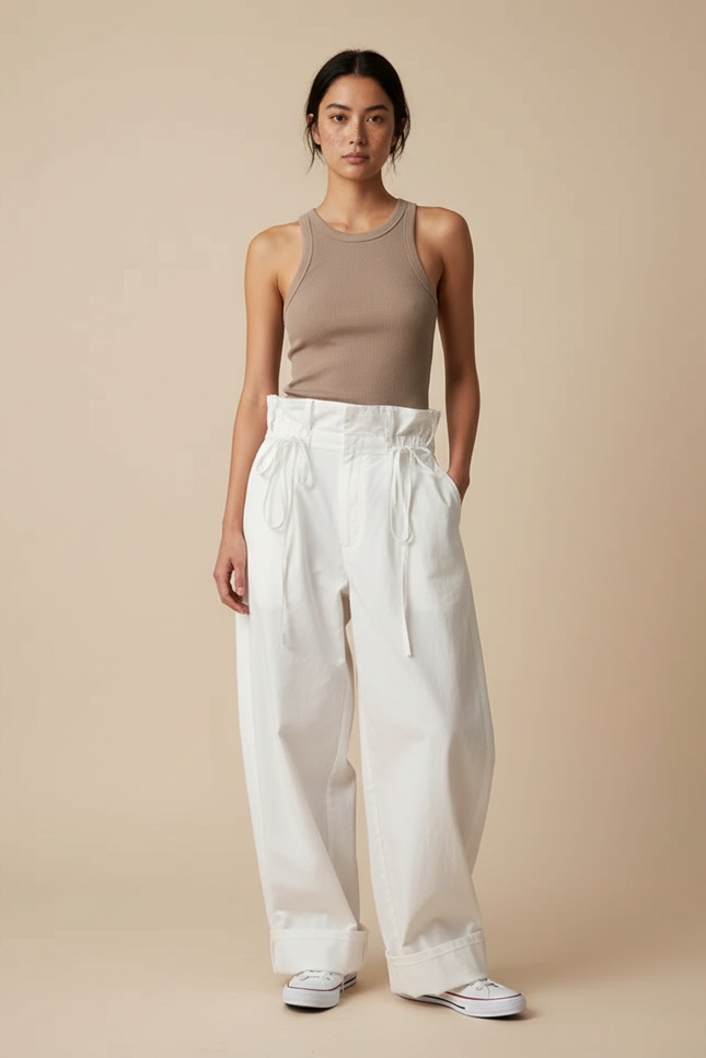 Pantalon Blanc Ample Taille Haute Décontracté Femme - Toile