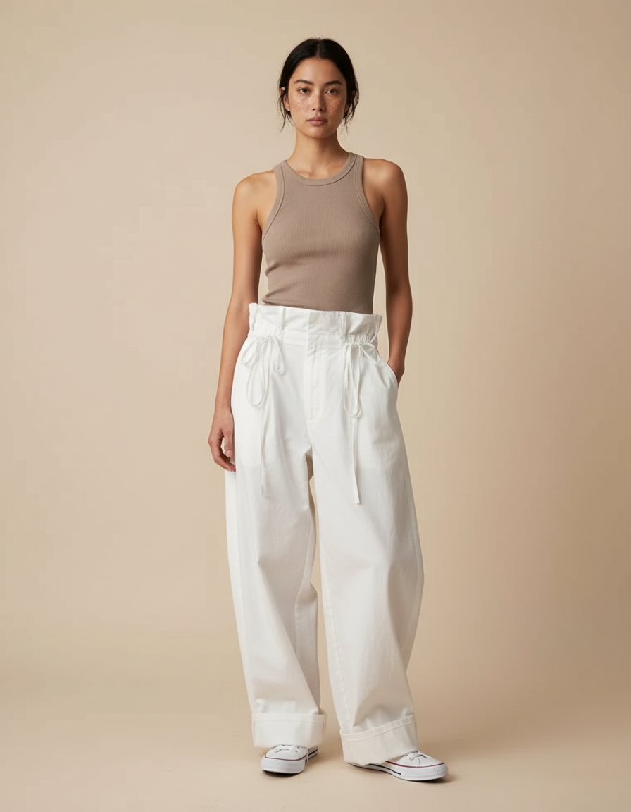 Pantalon Blanc Ample Taille Haute Décontracté Femme - Toile