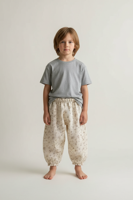 Pantalon Blanc Fleuri Ample Coton Enfant - Beige