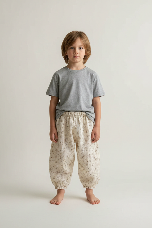 Pantalon Blanc Fleuri Ample Coton Enfant - Beige