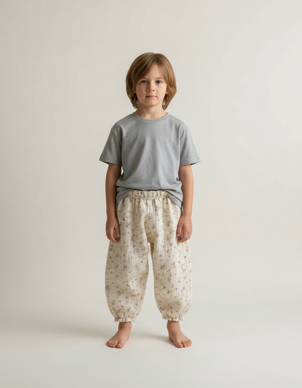 Pantalon Blanc Fleuri Ample Coton Enfant - Beige