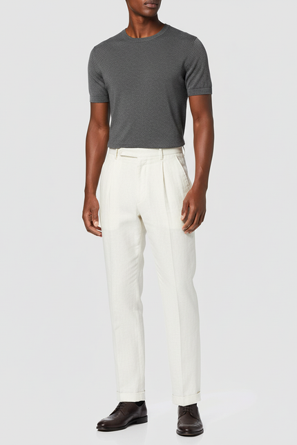 Pantalon Blanc Plissé Lin Décontracté Homme Élégant - Beige