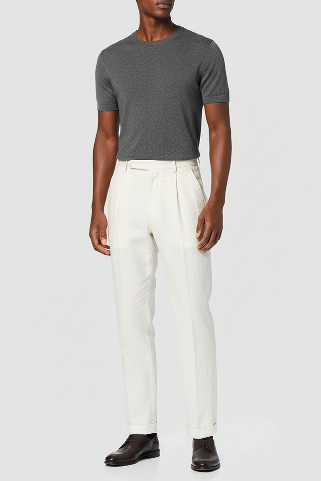 Pantalon Blanc Plissé Lin Décontracté Homme Élégant - Beige