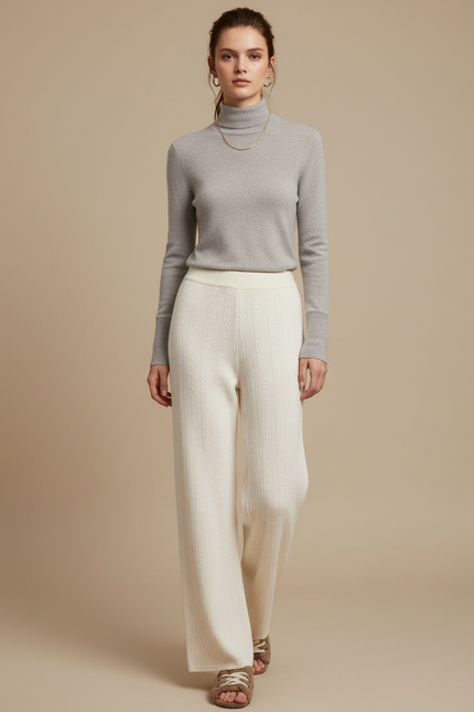 Pantalon Blanc Tricoté Ample Décontracté Femme Élégant - Maille