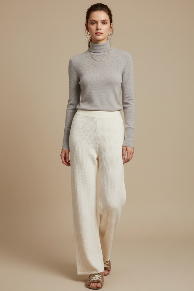 Pantalon Blanc Tricoté Ample Décontracté Femme Élégant - Maille