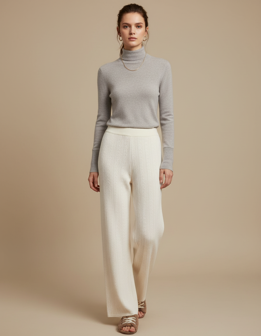 Pantalon Blanc Tricoté Ample Décontracté Femme Élégant - Maille