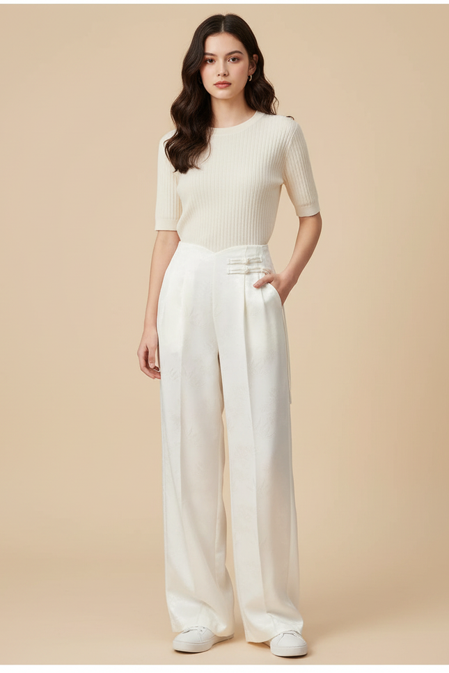 Pantalon Blanc Satiné Brodé Ample Élégant Femme