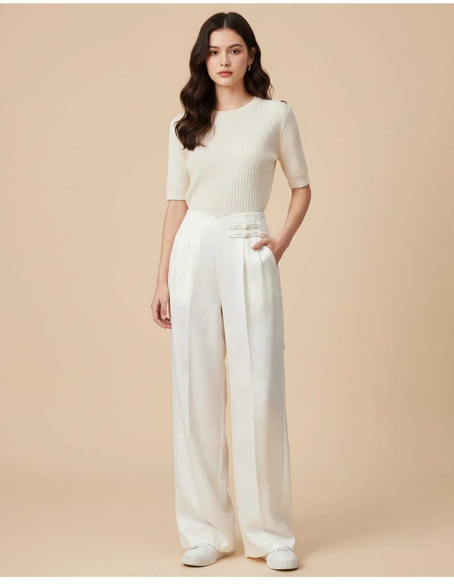 Pantalon Blanc Satiné Brodé Ample Élégant Femme
