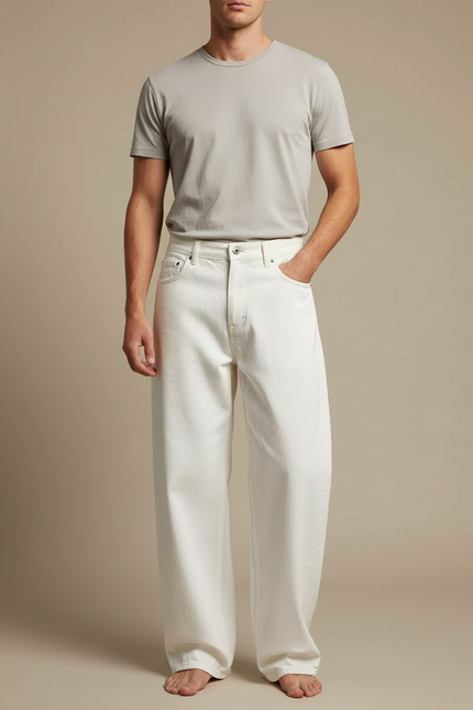Pantalon Blanc Coton Ample Droit Décontracté Homme - Jean