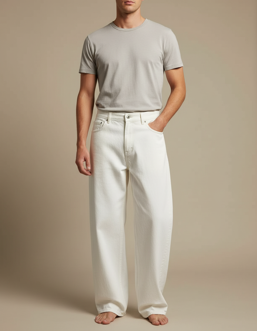 Pantalon Blanc Coton Ample Droit Décontracté Homme - Jean