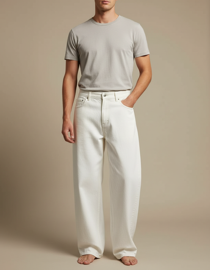 Pantalon Blanc Coton Ample Droit Décontracté Homme - Jean