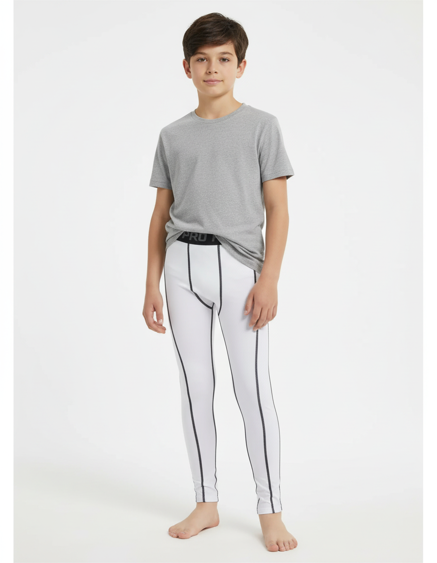 Pantalon Blanc Compression Athlétique Fitness Garçon - Polyester