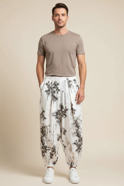 Pantalon Blanc Harem Imprimé Bambou Homme Décontracté - Viscose