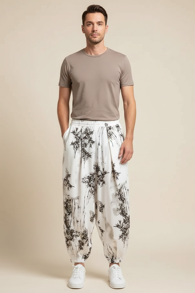 Pantalon Blanc Harem Imprimé Bambou Homme Décontracté - Viscose
