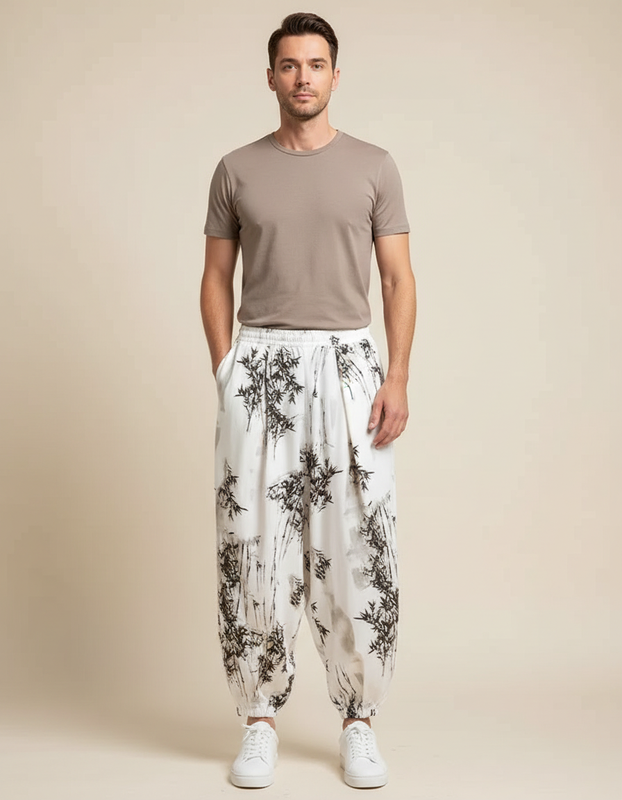 Pantalon Blanc Harem Imprimé Bambou Homme Décontracté - Viscose